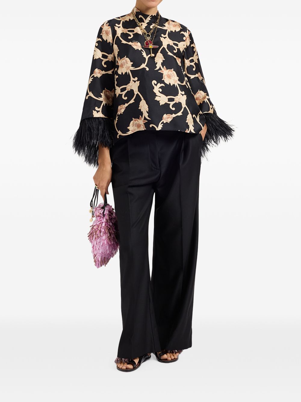 Top Make An Exit in Seta con Piume Stampa Buttercup TOP0104SIL001BTC01 BL01 BUTTERCUP LA DOUBLEJ