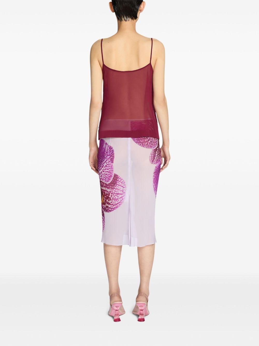 Gonna in seta stampata con motivo Orchid.<BR/> 2510108041226 304 FUCHSIA DRIES VAN NOTEN