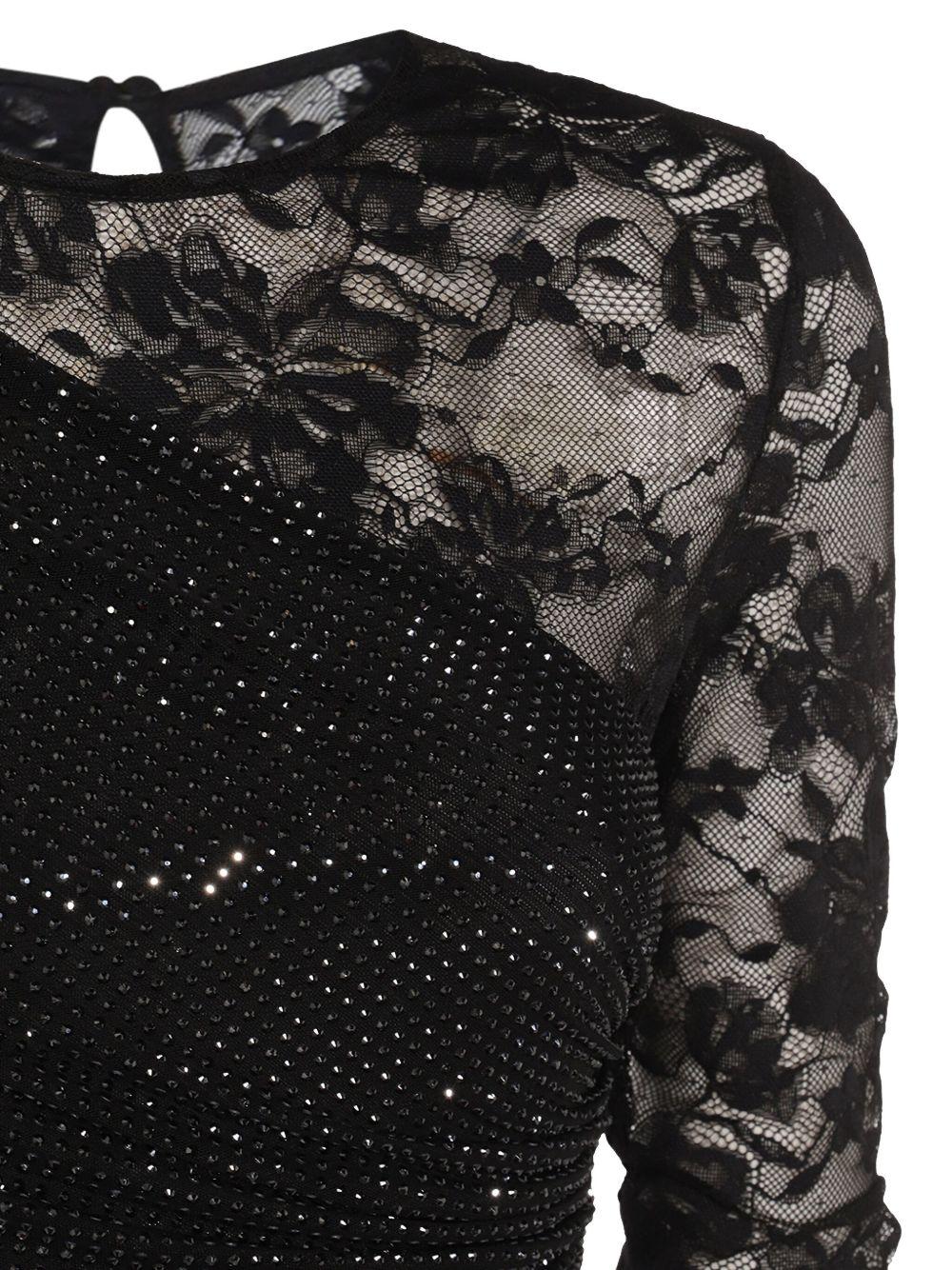 Abito lungo nero con maniche in pizzo e strass PF25100XB BLACK SELF-PORTRAIT