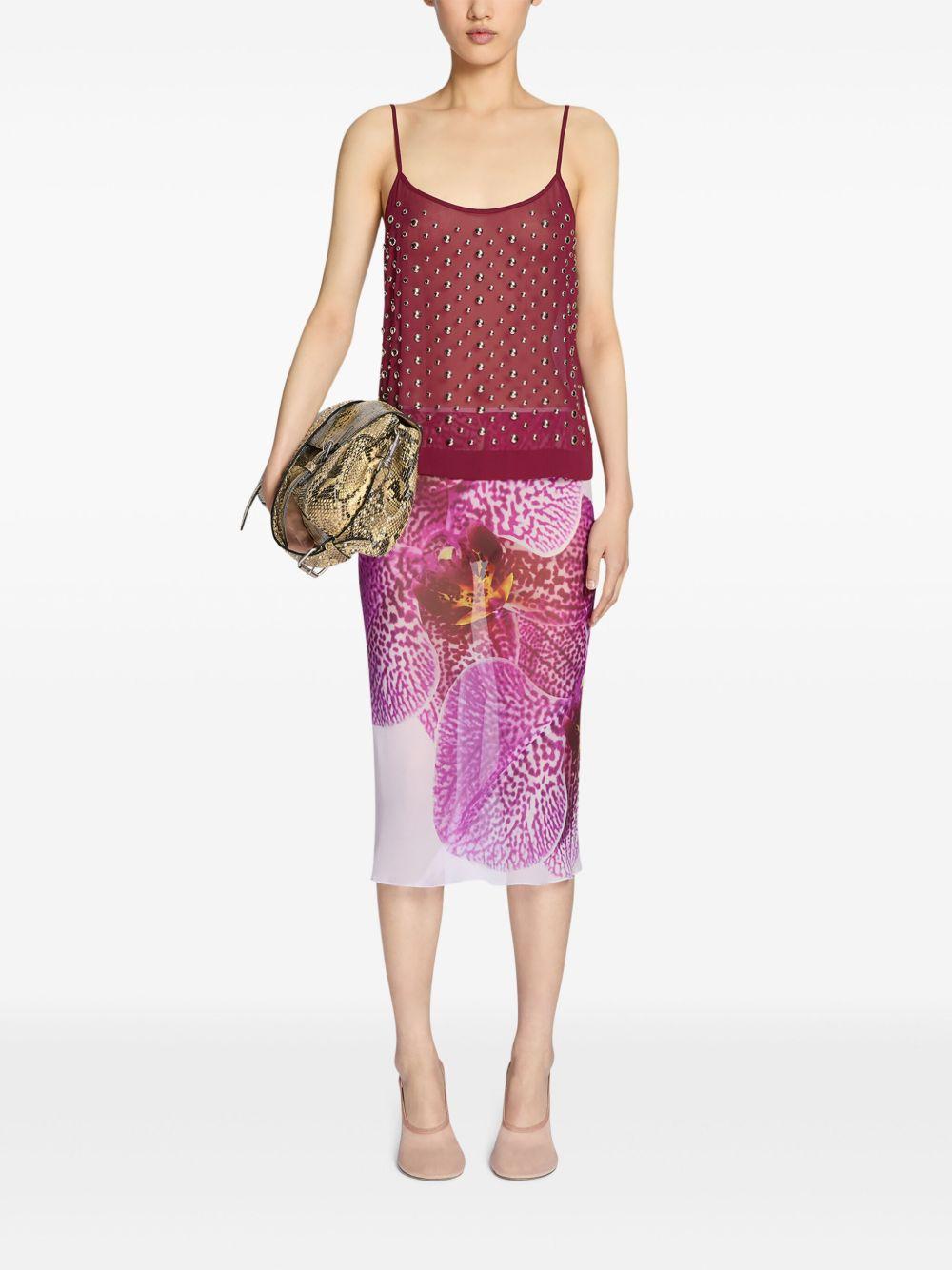 Gonna in seta stampata con motivo Orchid.<BR/> 2510108041226 304 FUCHSIA DRIES VAN NOTEN