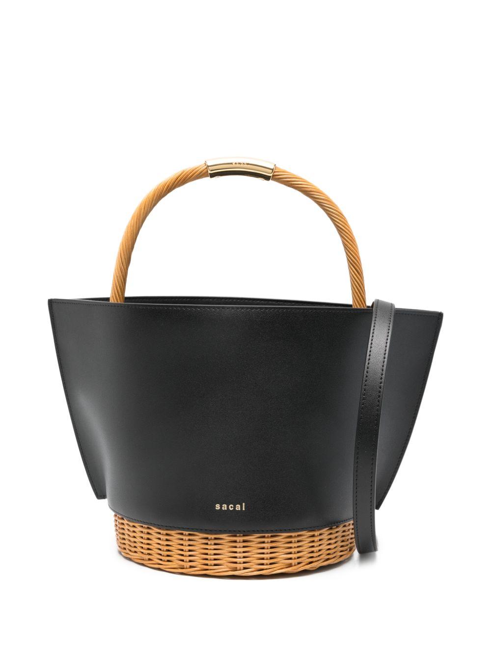 Leather x rattan medium basket S15201 001 BLACK SACAI