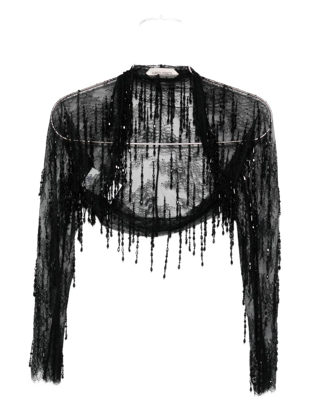 Giacca in Pizzo con Paillettes e Frange 252U3303620 0555 NERO ALBERTA FERRETTI