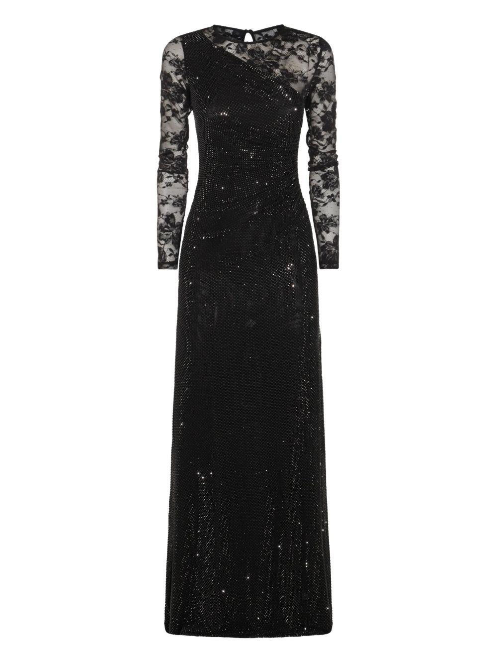 Abito lungo nero con maniche in pizzo e strass PF25100XB BLACK SELF-PORTRAIT
