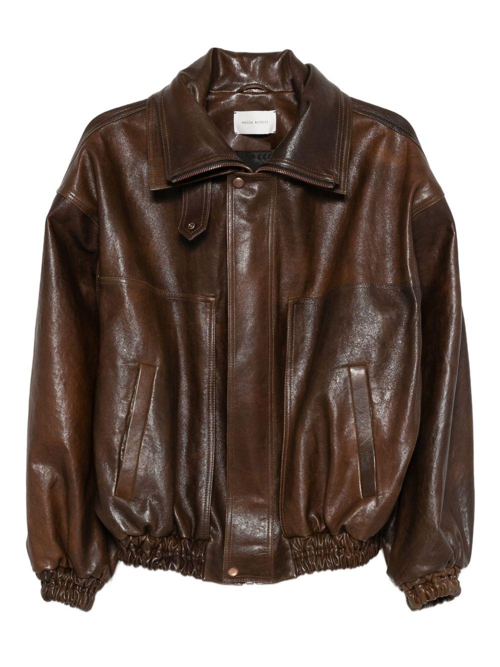 Snap-collar leather aviator jacket 298725 BROWN MAGDA BUTRYM