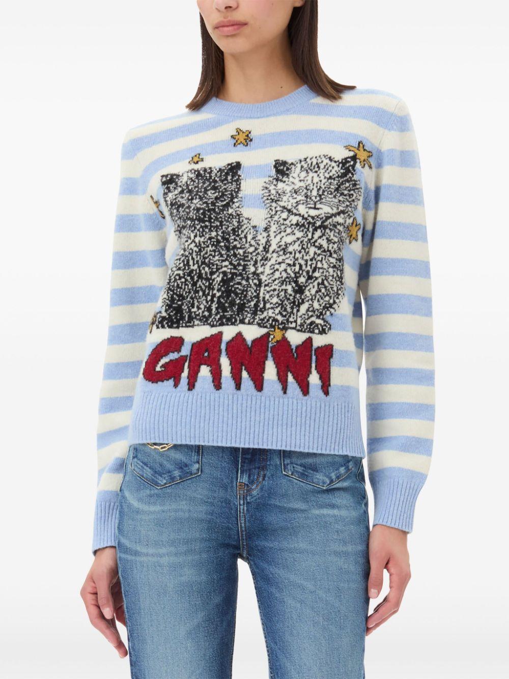 Blue Striped Graphic Cat Jumper K2369 628 ILLUSION BLUE GANNI