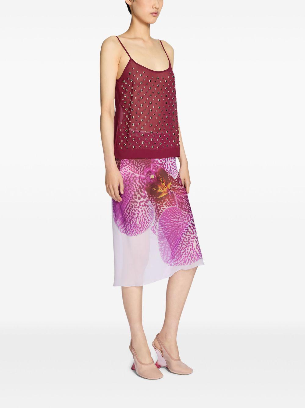 Gonna in seta stampata con motivo Orchid.<BR/> 2510108041226 304 FUCHSIA DRIES VAN NOTEN