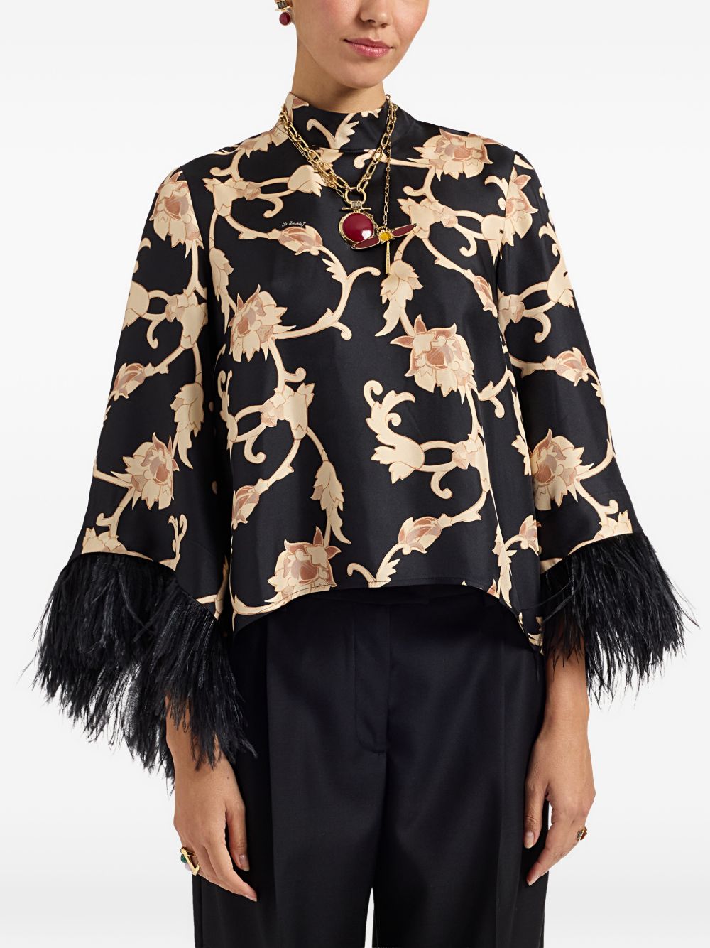 Top Make An Exit in Seta con Piume Stampa Buttercup TOP0104SIL001BTC01 BL01 BUTTERCUP LA DOUBLEJ 