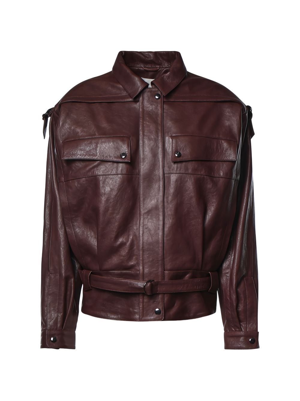 Oversized Belted Leather Jacket in Burgundy 344726 BURGUNDY MAGDA BUTRYM 