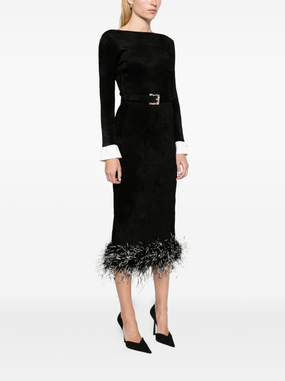 Abito Midi In Ciniglia Con Piume SC26101MAB BLACK SELF-PORTRAIT 