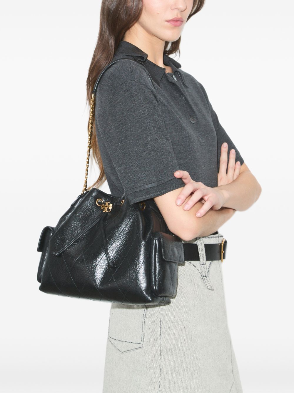 Charlie Quilted Drawstring Shoulder Bags 185831 001 BLACK TORY BURCH 