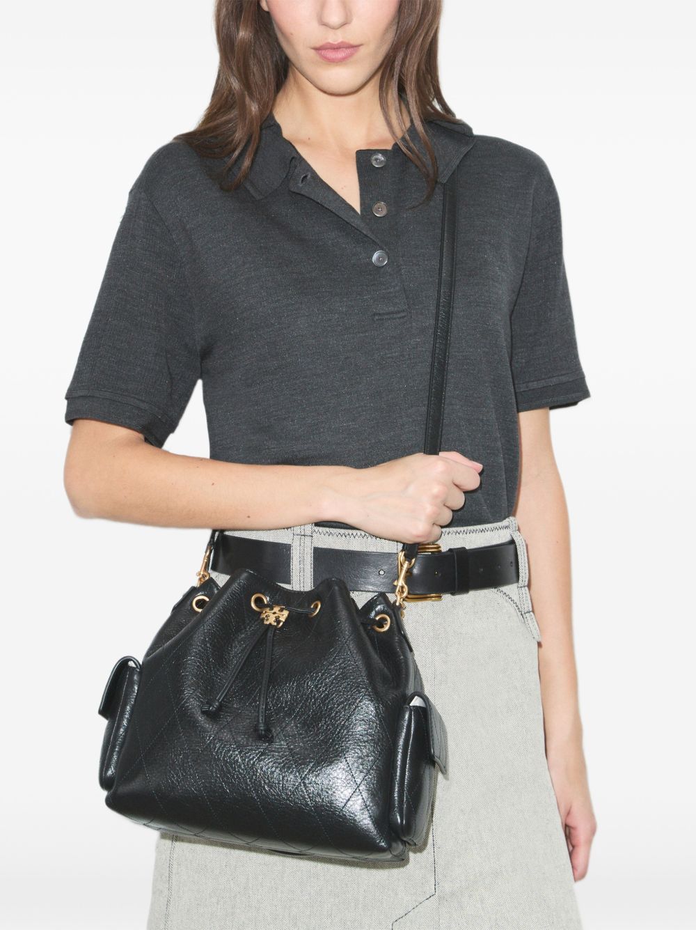 Charlie Quilted Drawstring Shoulder Bags 185831 001 BLACK TORY BURCH 