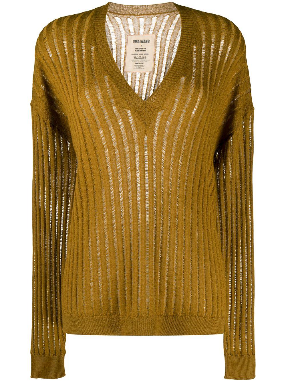 V-Neck Semisheer Distressed Knit UK7126 UW240 MUSTARD UMA WANG 