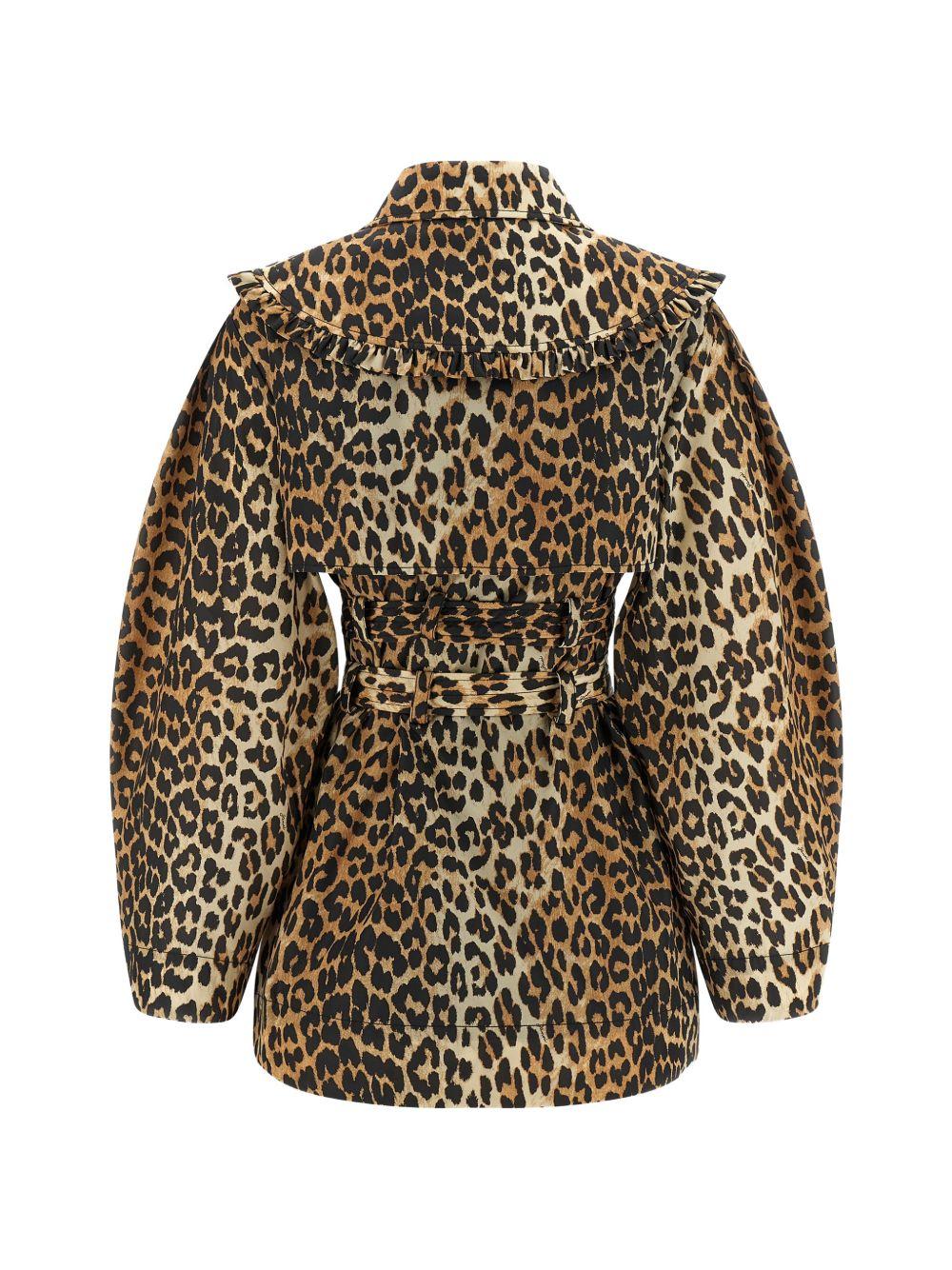 Leopard Laminated Cotton Trench Coat A1010074 859 ALMOND MILK GANNI 