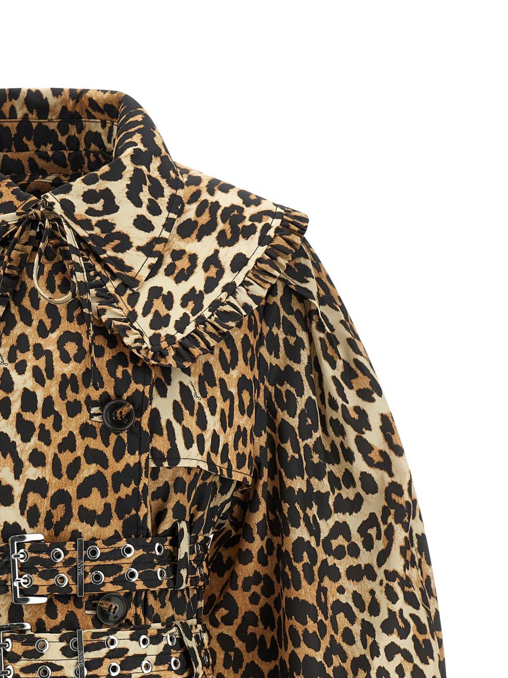 Leopard Laminated Cotton Trench Coat A1010074 859 ALMOND MILK GANNI 