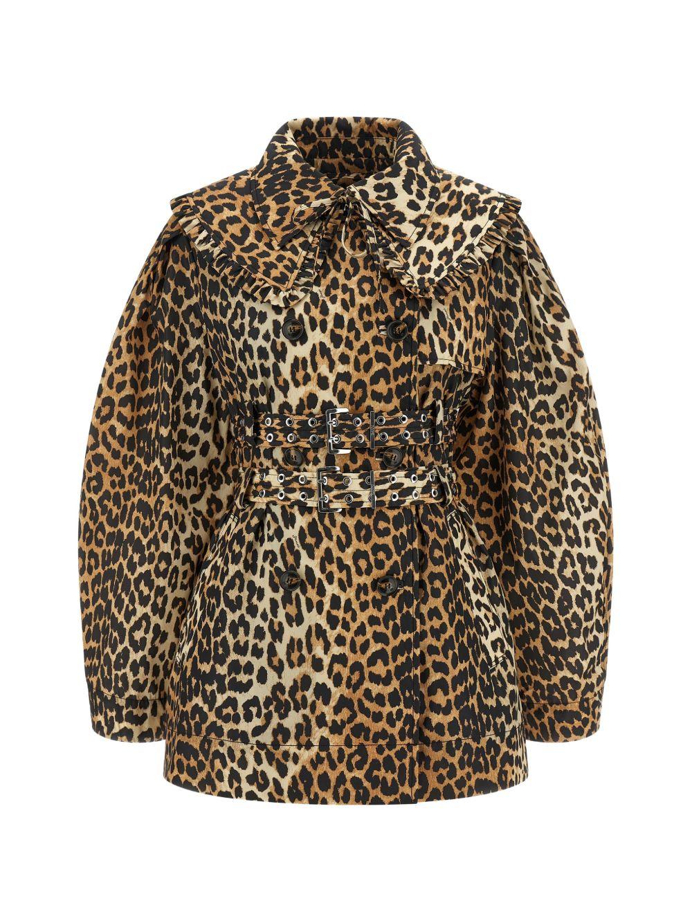 Leopard Laminated Cotton Trench Coat A1010074 859 ALMOND MILK GANNI 