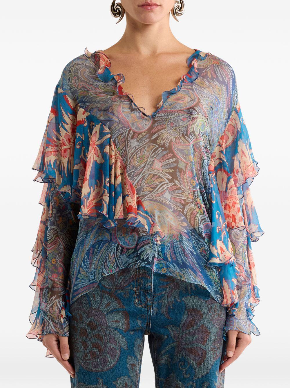 Blusa in seta a maniche lunghe con volant e motivo floreale WRJA017799SA1Q7 X0887 ETRO 