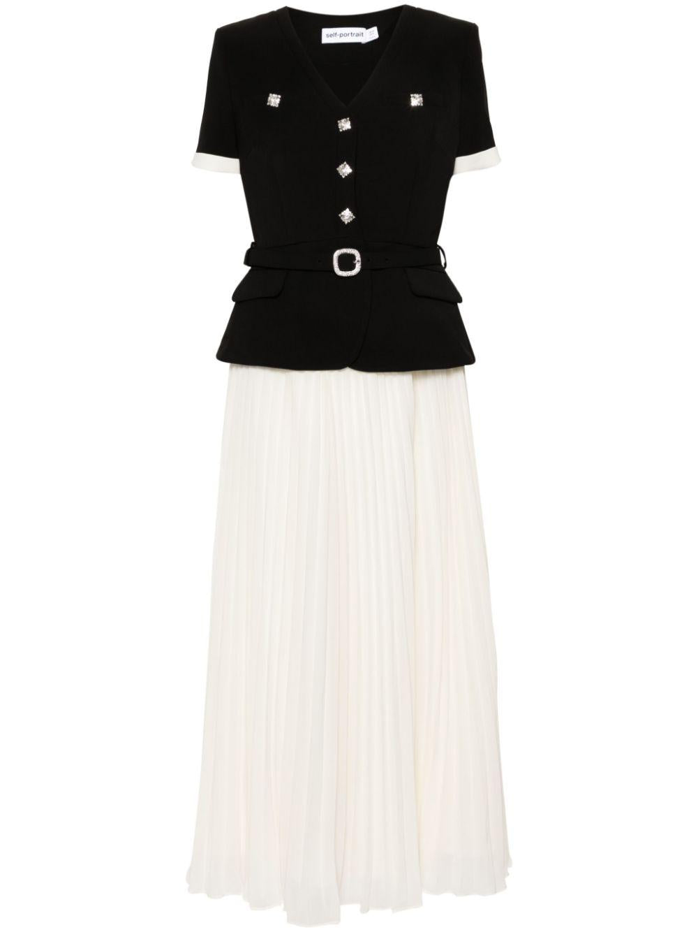 Abito midi in chiffon a contrasto in crêpe nero AW24007MAB BLACK SELF-PORTRAIT 