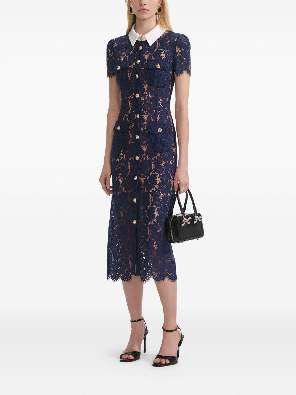 Abito midi in pizzo blu navy con colletto a contrasto<BR/> PF25020MBL BLUE SELF-PORTRAIT 