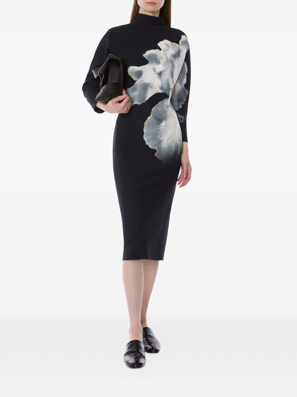 Abito Midi A Maniche Lunghe Con Stampa Di Orchidee 252M04315150 2555 FANTASIA NERO ALBERTA FERRETTI 