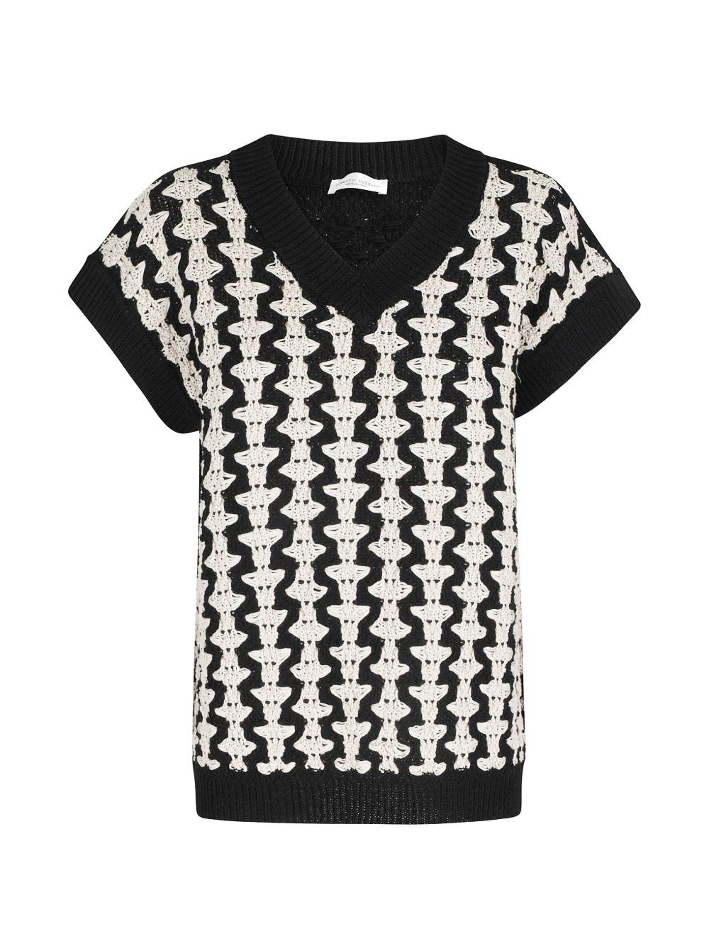 Maglione con scollo a V e fantasia 261FXA33016 09 NERO ECRU ROBERTO COLLINA 