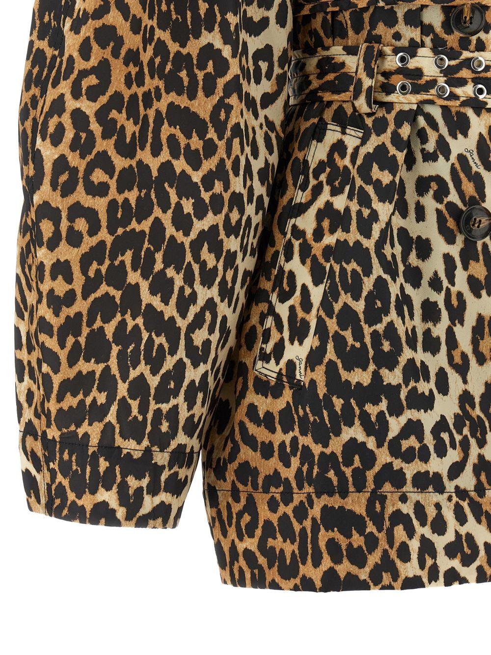 Leopard Laminated Cotton Trench Coat A1010074 859 ALMOND MILK GANNI 