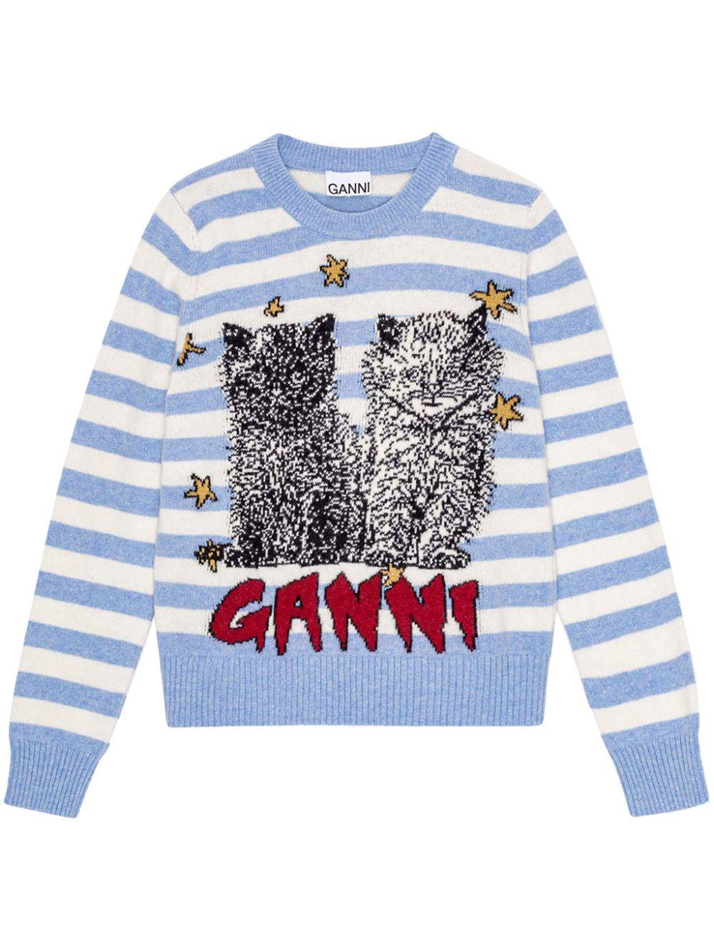 Blue Striped Graphic Cat Jumper K2369 628 ILLUSION BLUE GANNI 