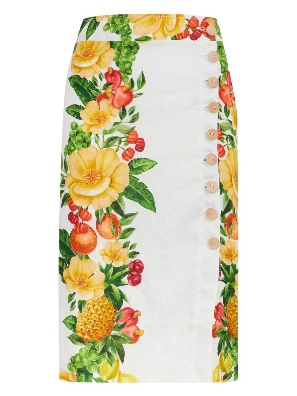 Gonna midi Off-White Picnic Flowers in lino Euroflax™ 335736 25074 PICNIC FLOWERS FARM RIO 