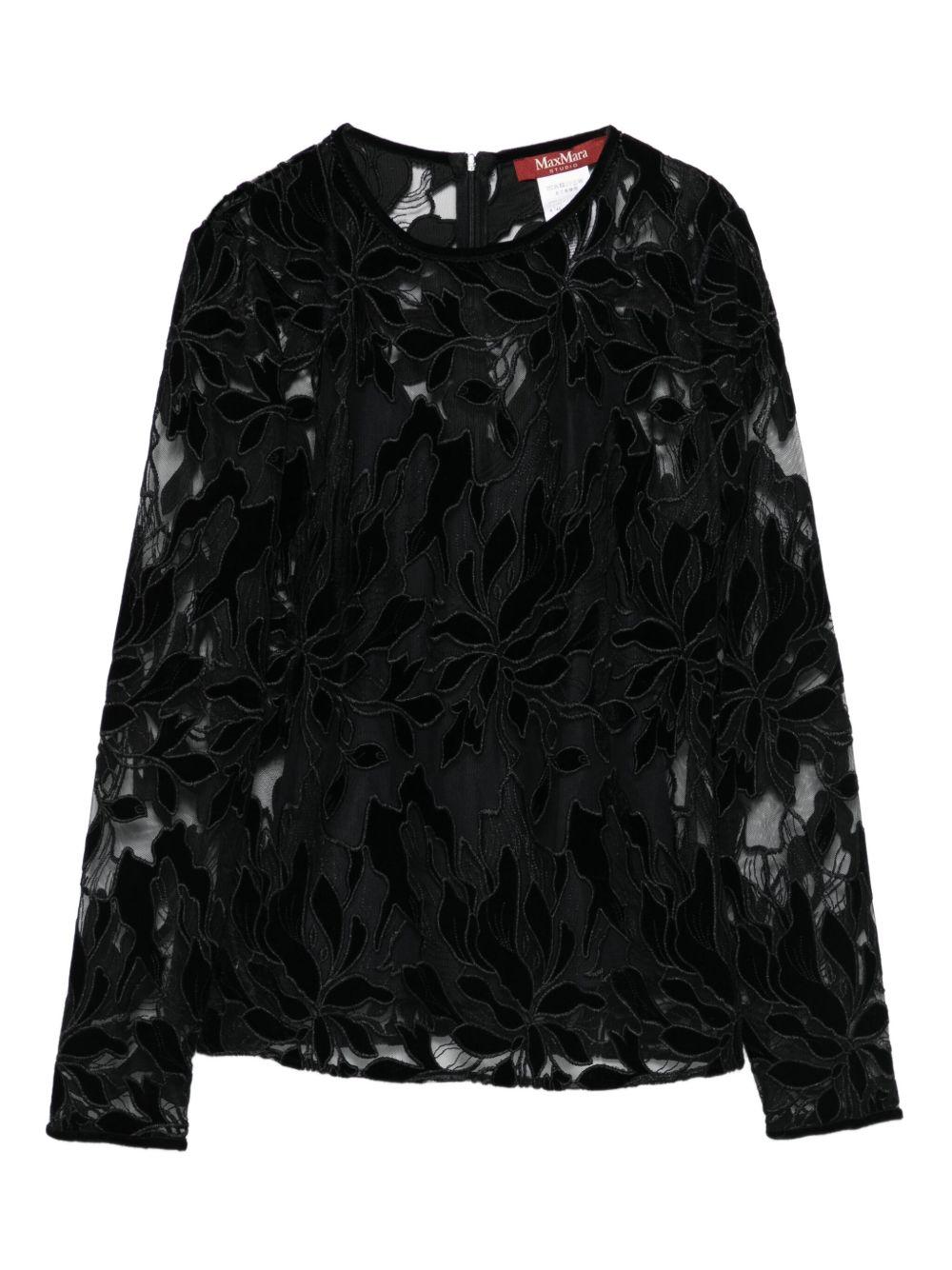 T-shirt in tulle con ricami in velluto - Nero PLINIOMM10804 001 NERO MAX MARA STUDIO 