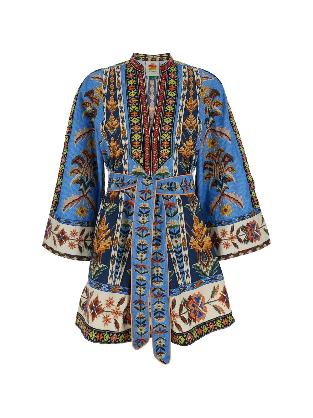 Abito mini in cotone organico ricamato 339816 26032 EMBROIDERED TAPESTRY BLU FARM RIO 